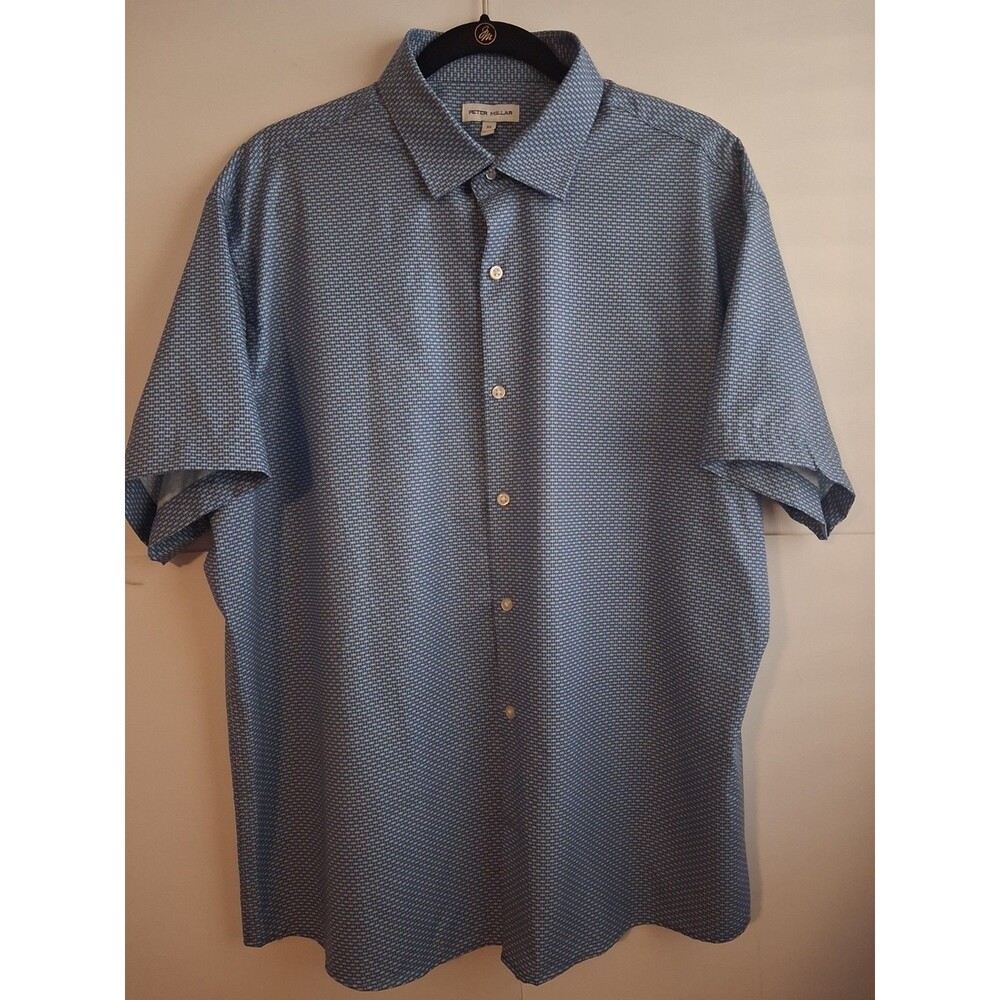 Peter Millar Men's Performance Short Sleeve Button-Up Shirt Blue Micro Print XL